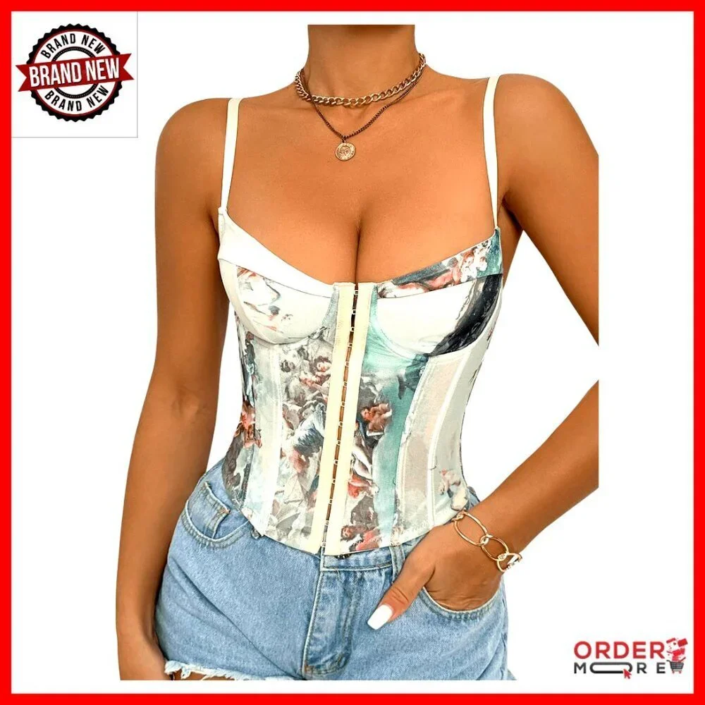 Vintage Renaissance Corset Bustier Graphic Print Lace Up Adjustable Straps